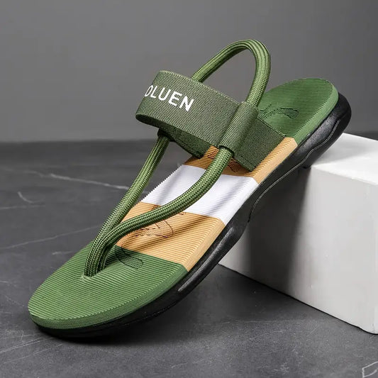 Men's Casual Flip Flops with Bold Letter Print & Striped Design - Durable Fabric Upper